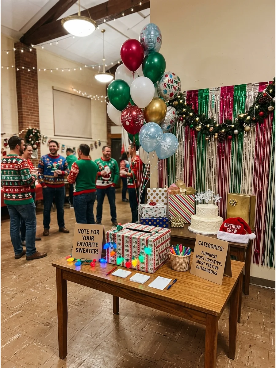 Party room with bright tinsel decorations and a sweater voting station.