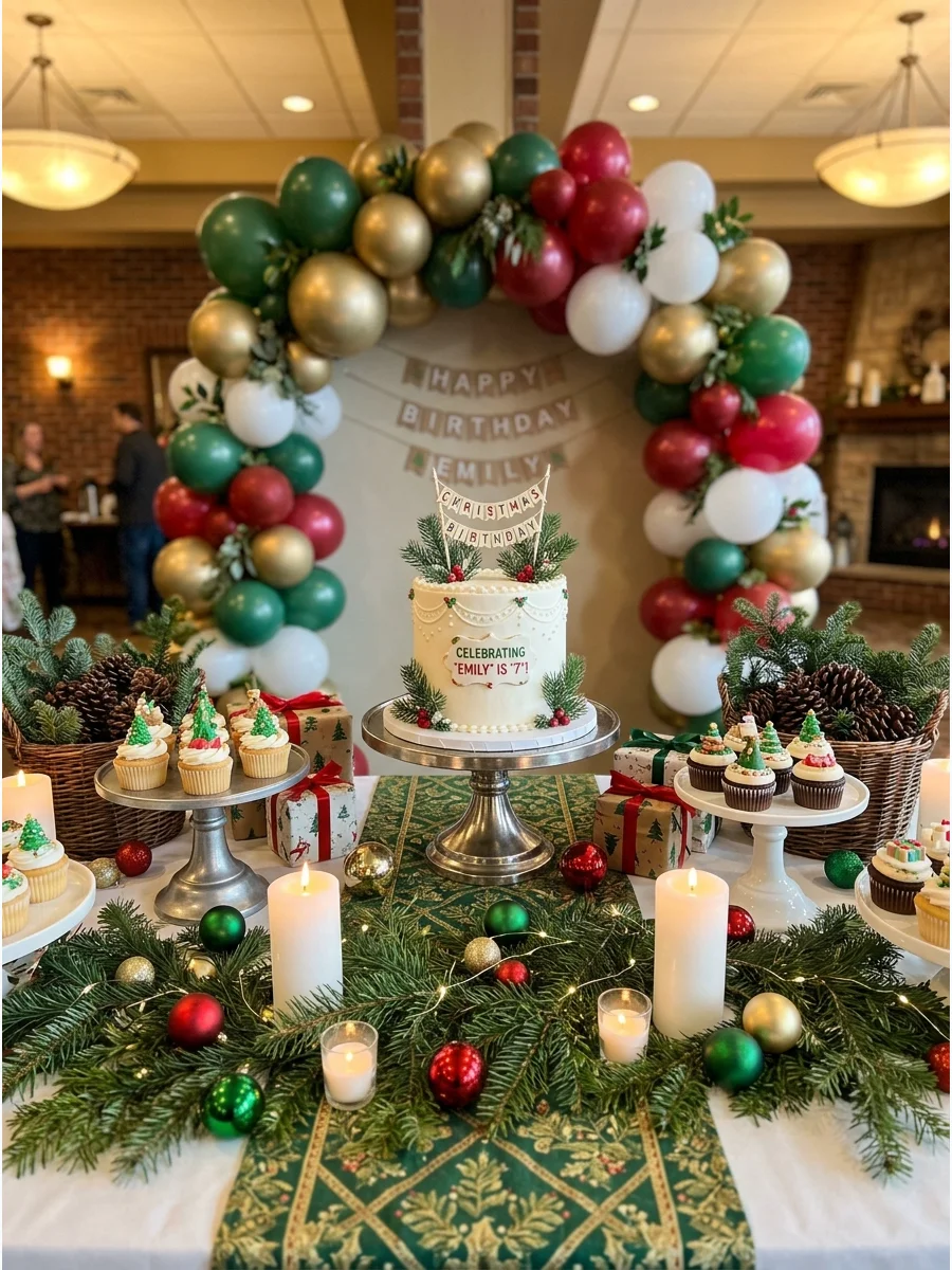 A dessert table styled with greenery and a birthday cake.
