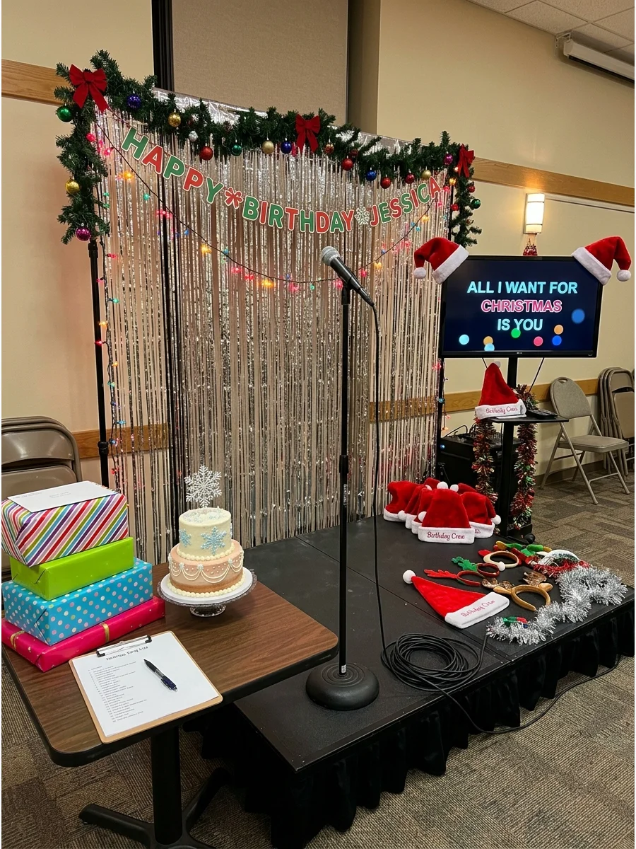 Karaoke stage with silver fringe backdrop and a microphone stand.