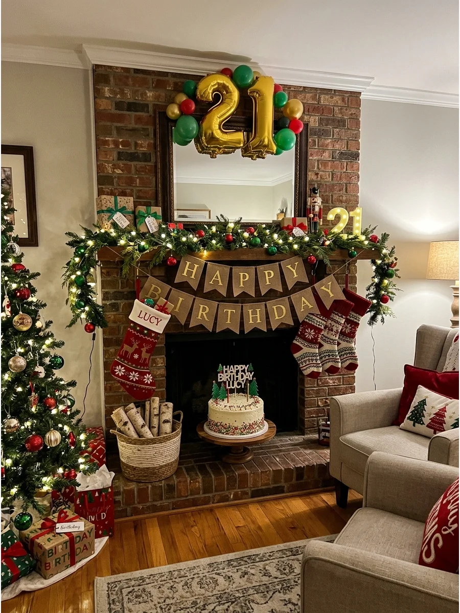 A fireplace mantel decorated with a birthday banner and holiday greenery.