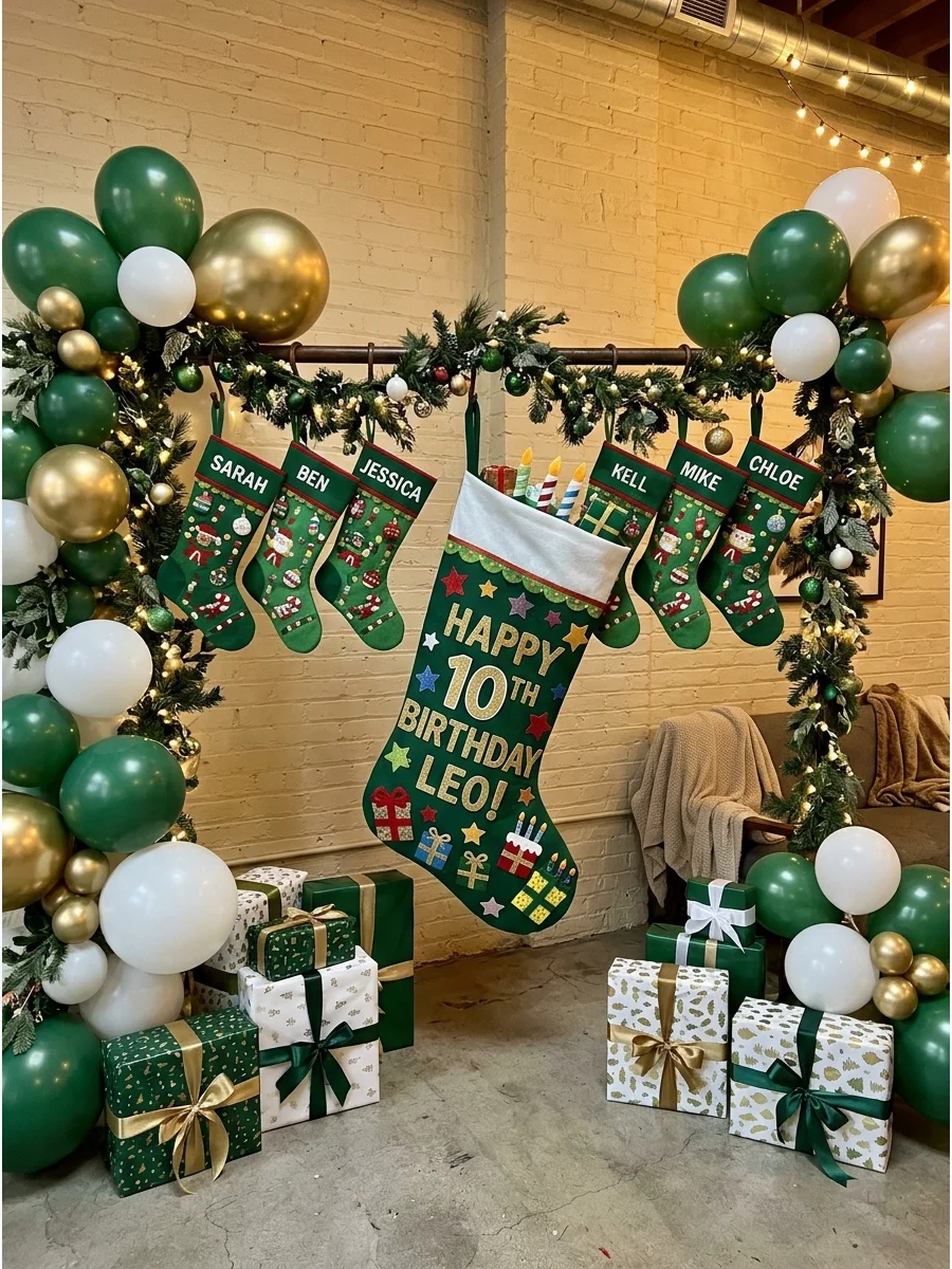 A wall display of Christmas stockings including a large birthday stocking.