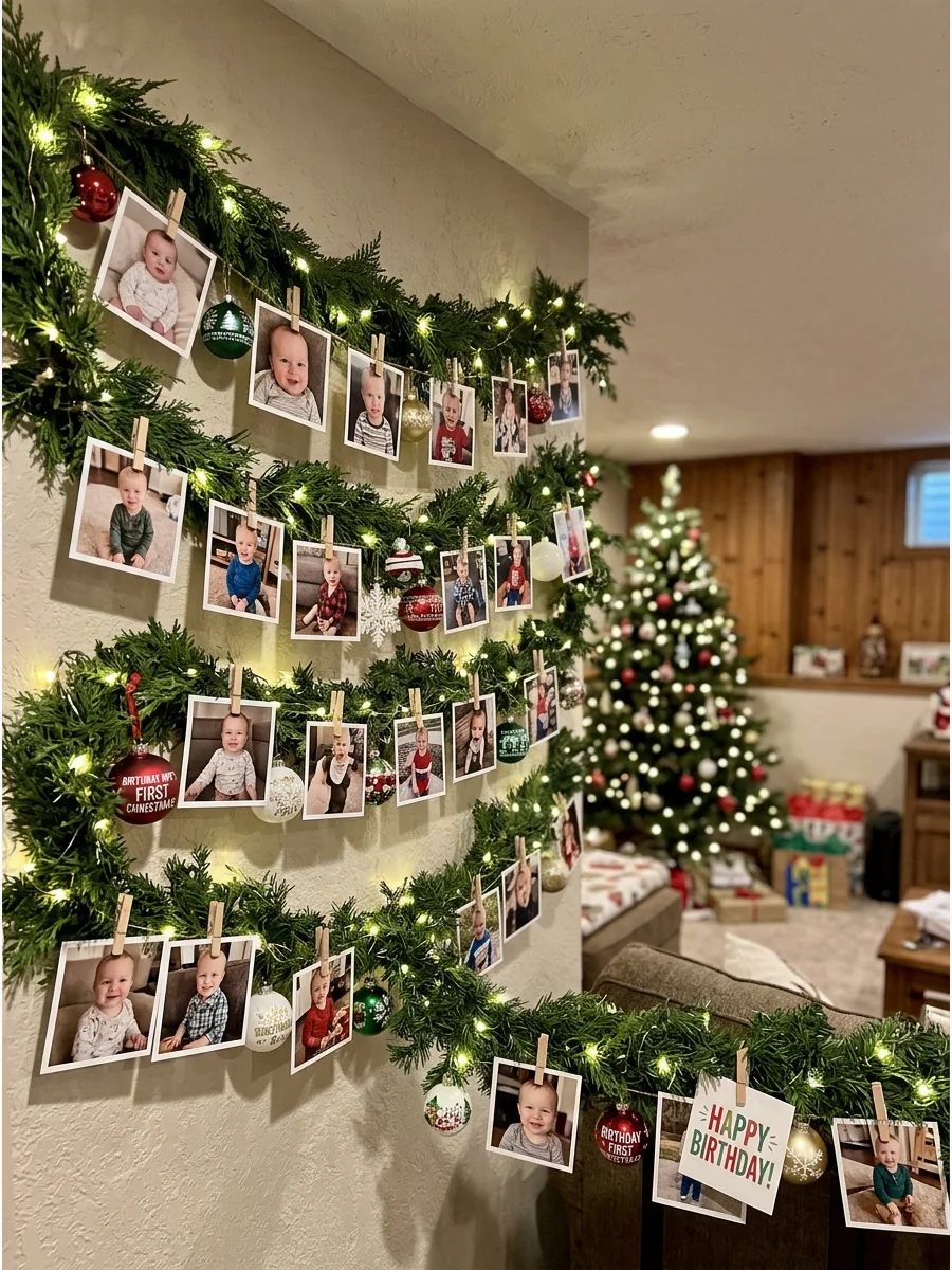A garland decorated with lights and a timeline of birthday photos.