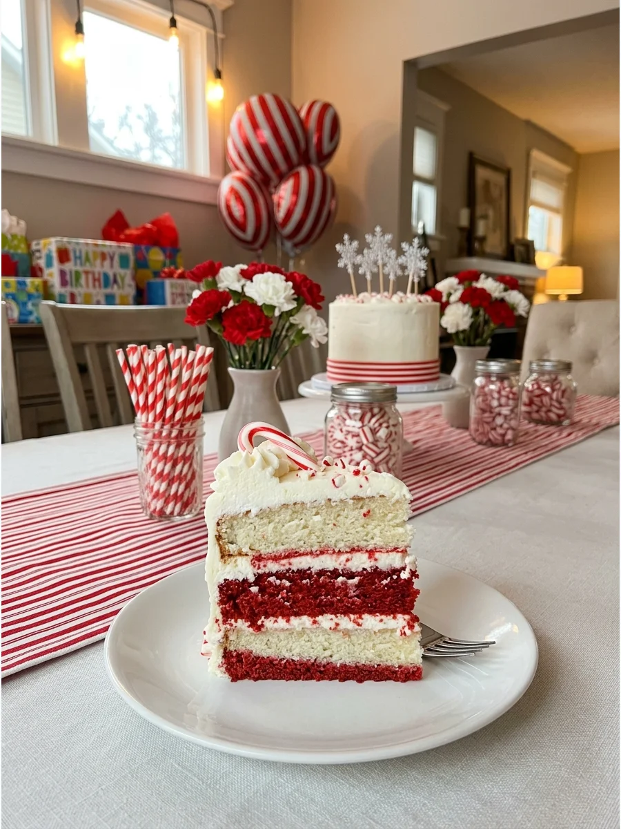 A red and white striped tablescape with a peppermint birthday cake.