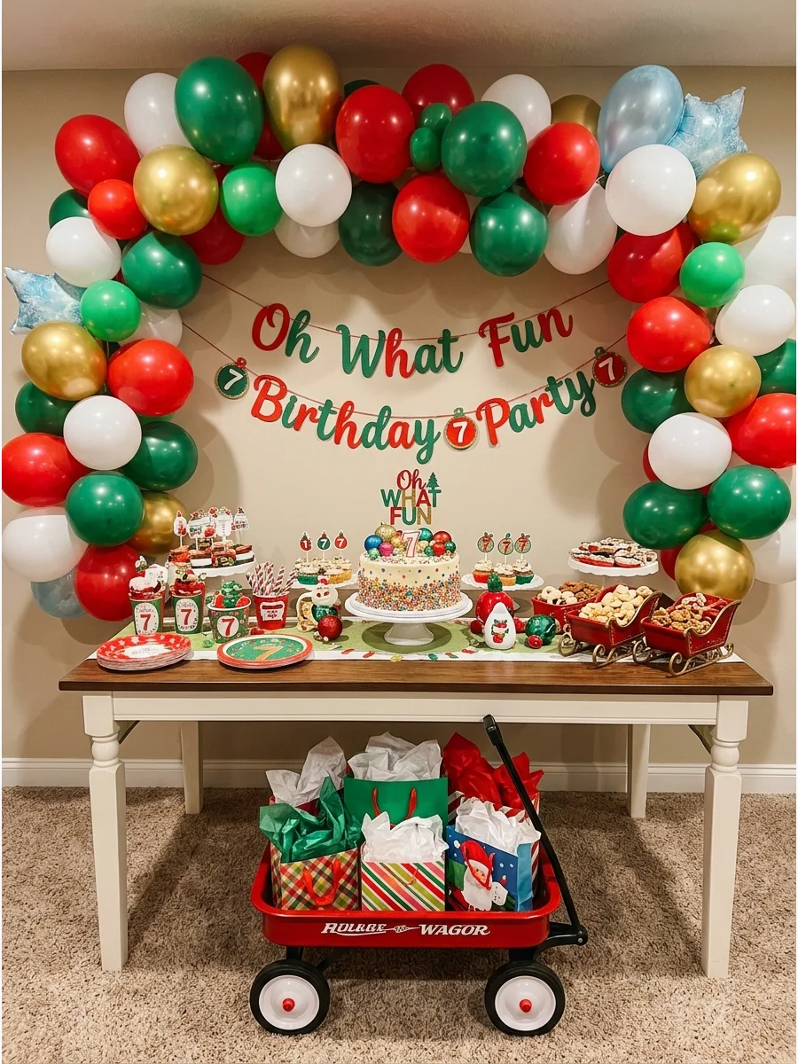A basement party area with a red wagon gift station and a festive balloon arch.