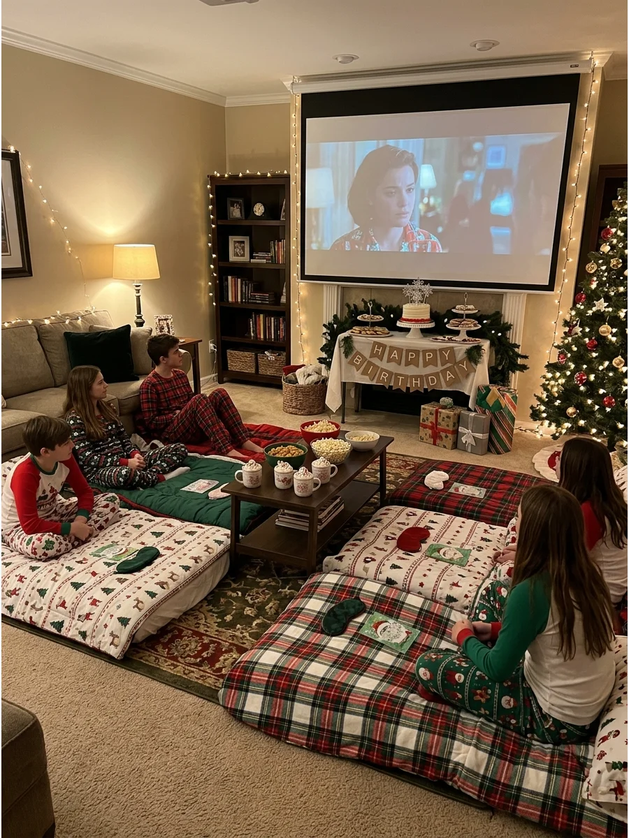 Living room sleepover setup with sleeping bags and holiday pajamas.