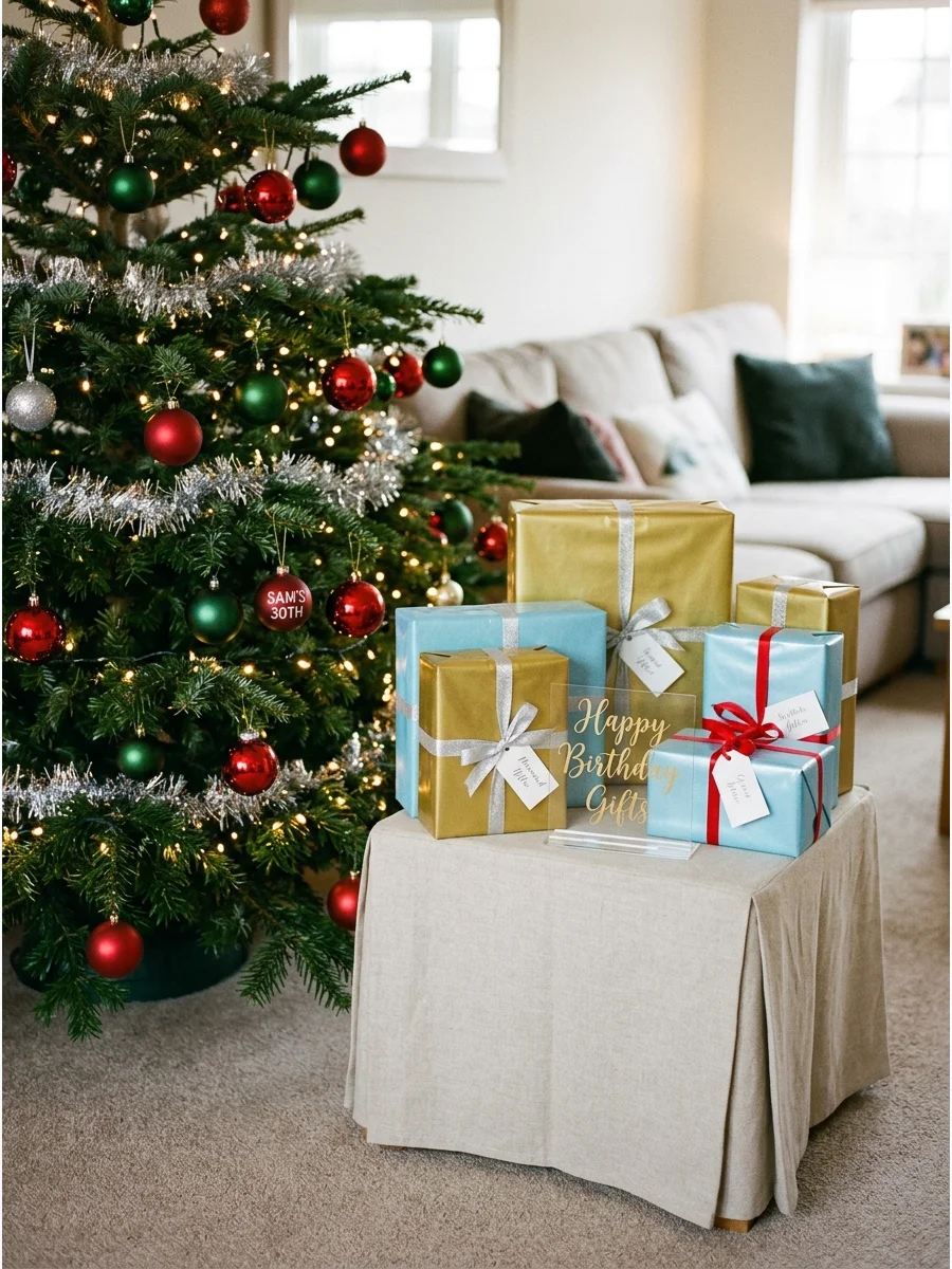 A dedicated table for birthday gifts placed next to a decorated Christmas tree.