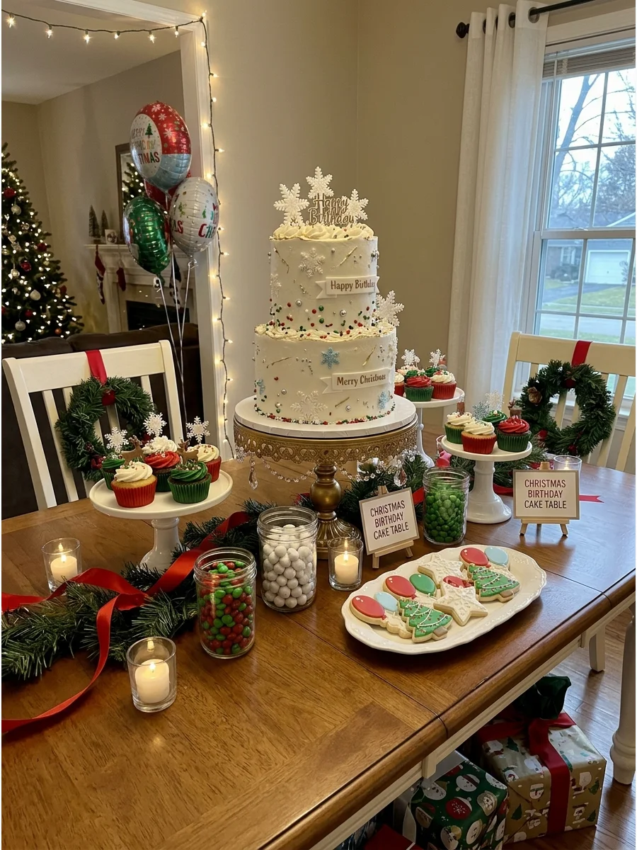 A festive birthday cake table with red and green treats and a central cake.