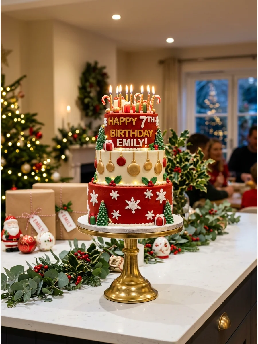 A red tiered birthday cake with snowflake decorations and a gold name topper.