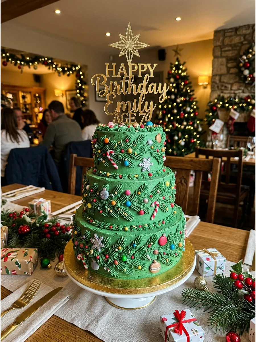 A Christmas tree shaped birthday cake with green frosting and a gold topper.