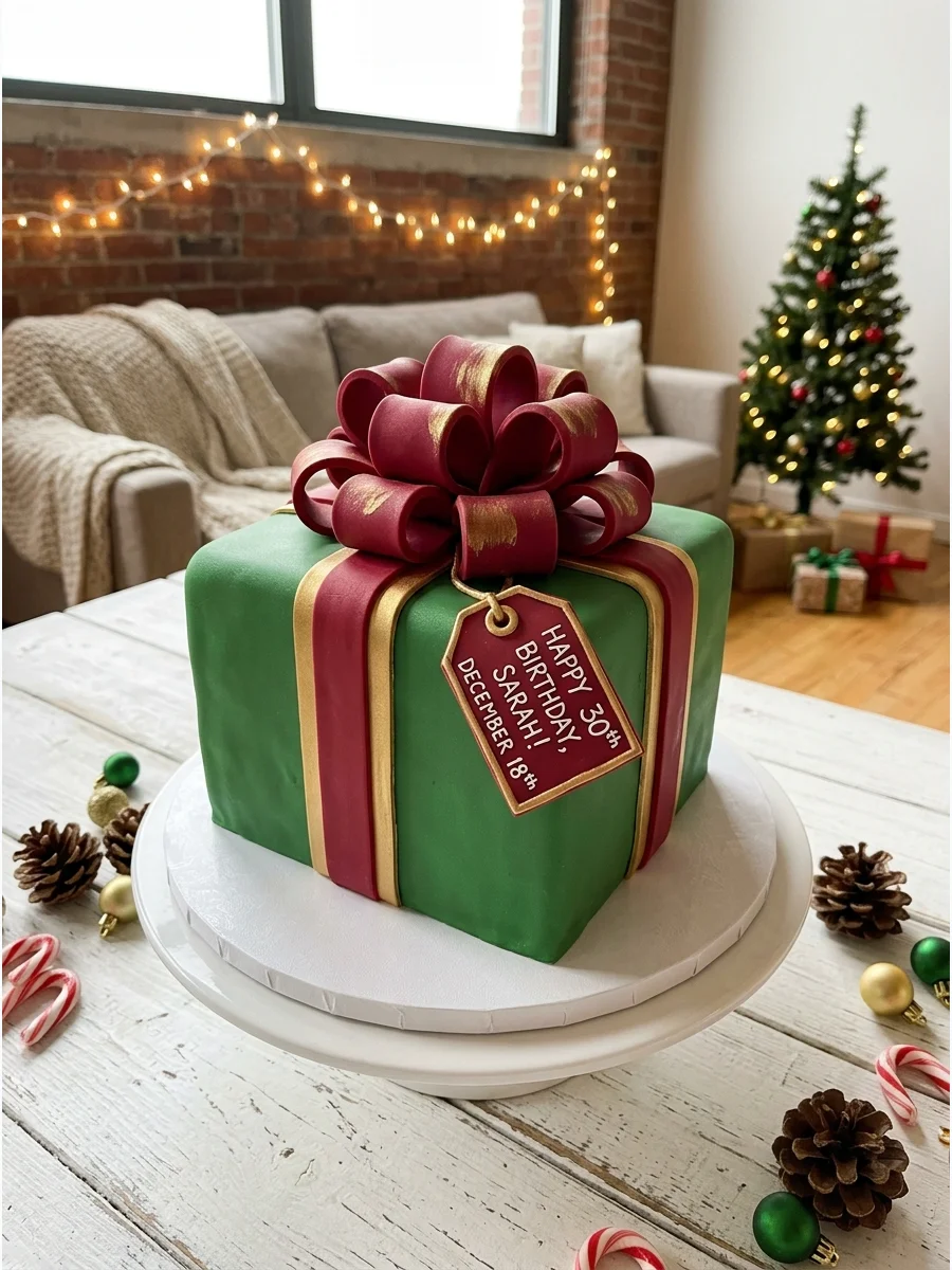 A square green cake designed to look like a wrapped Christmas present with a red bow.