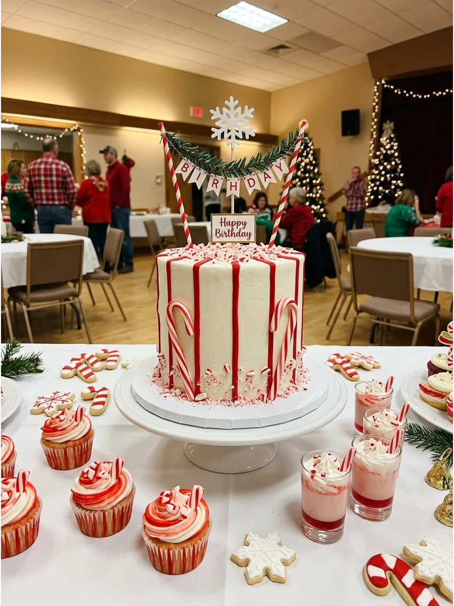 A red and white striped candy cane birthday cake on a white platter.