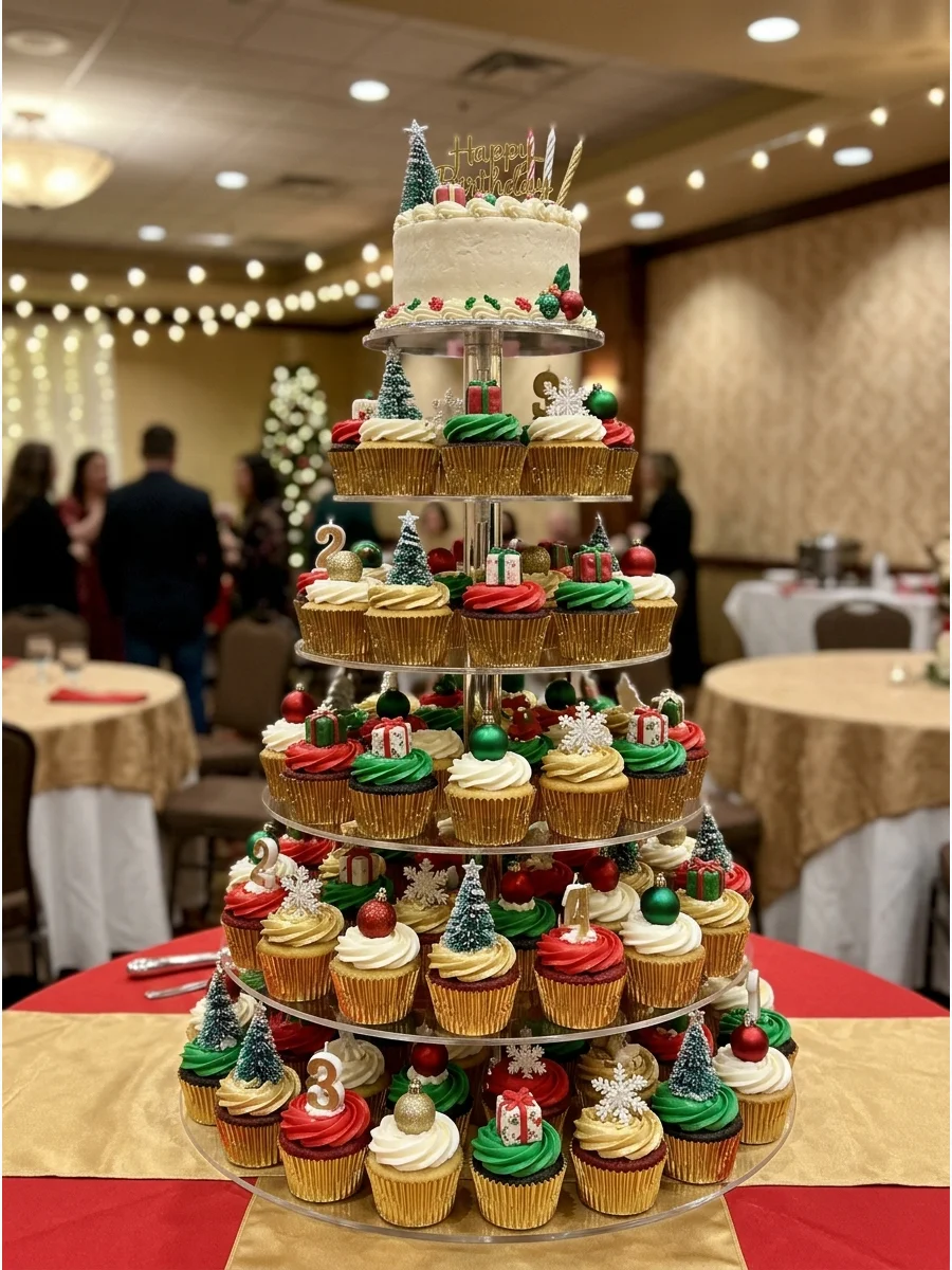 A tiered cupcake stand filled with green frosted cupcakes and a small cake on top.