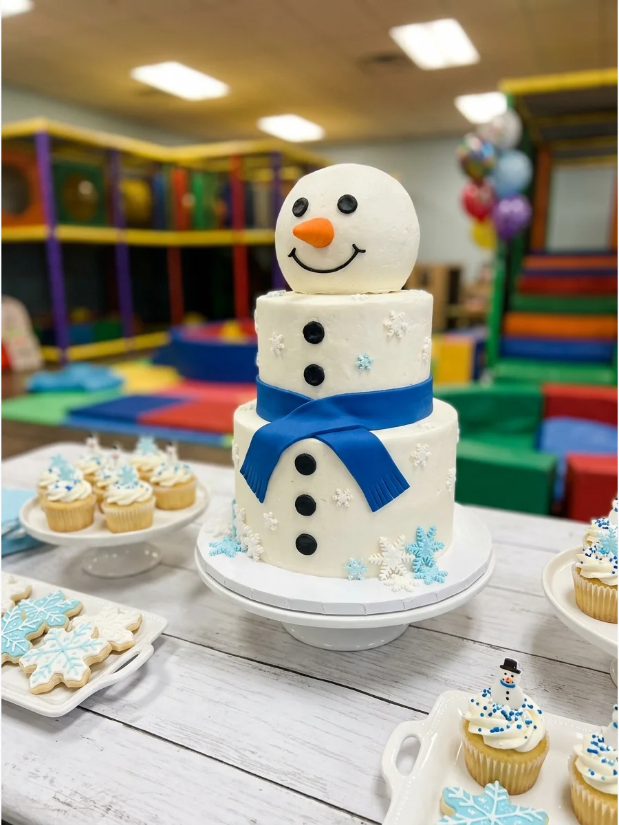 A two-tier snowman cake with a blue scarf and orange carrot nose.
