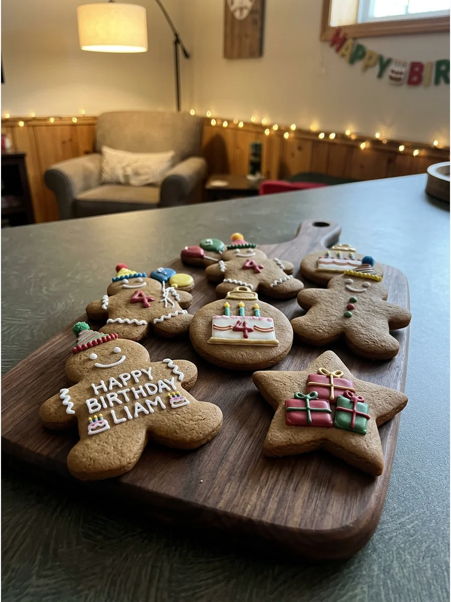 Gingerbread cookies decorated with party hats and numbers for a birthday.