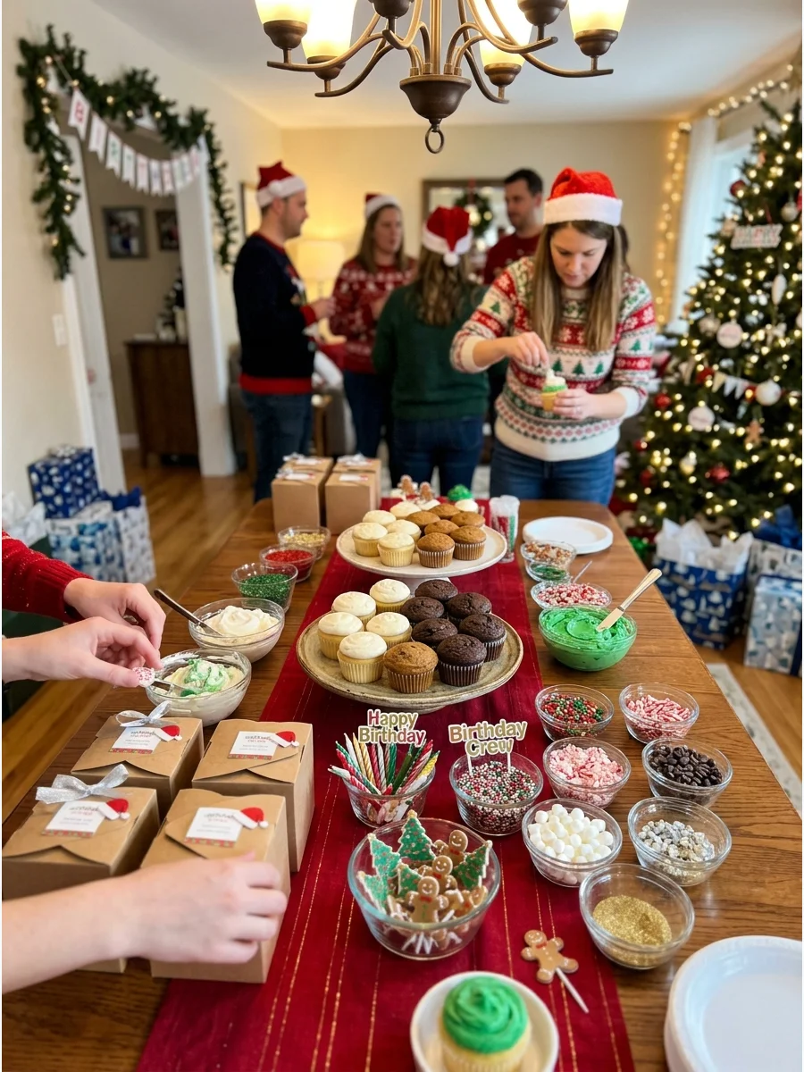 A DIY cupcake decorating station with festive holiday toppings and frosting.