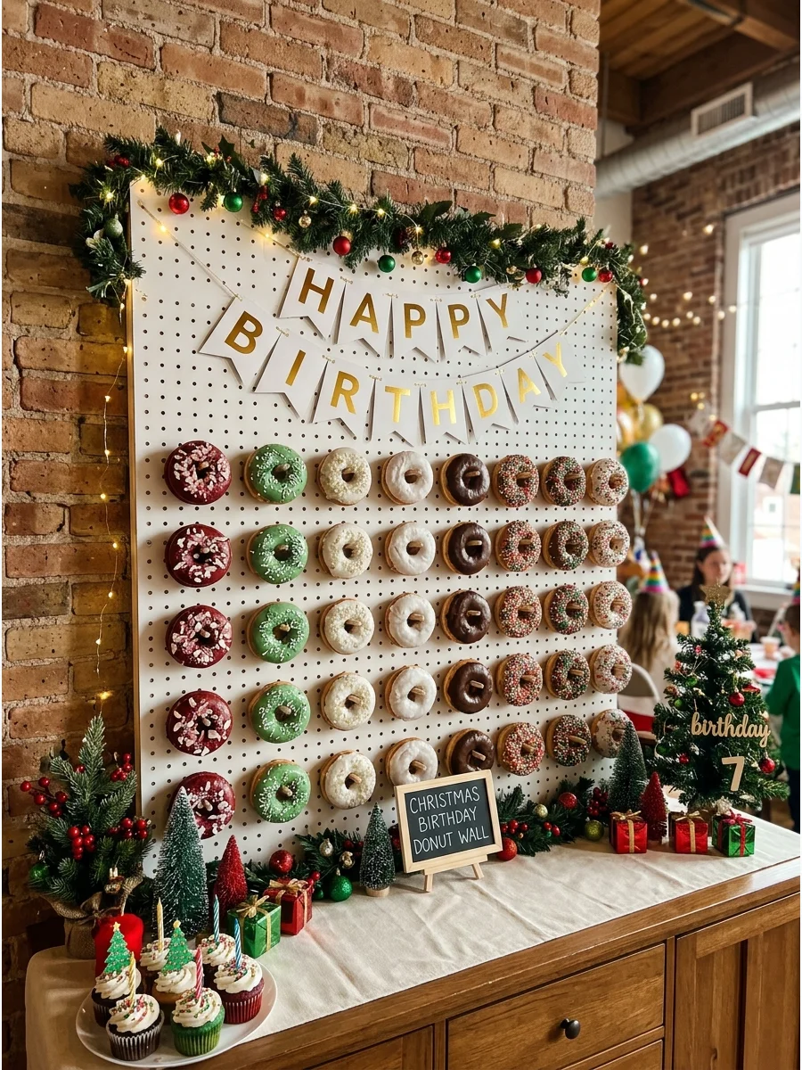 A wooden donut wall decorated with holiday greenery and a neon birthday sign.