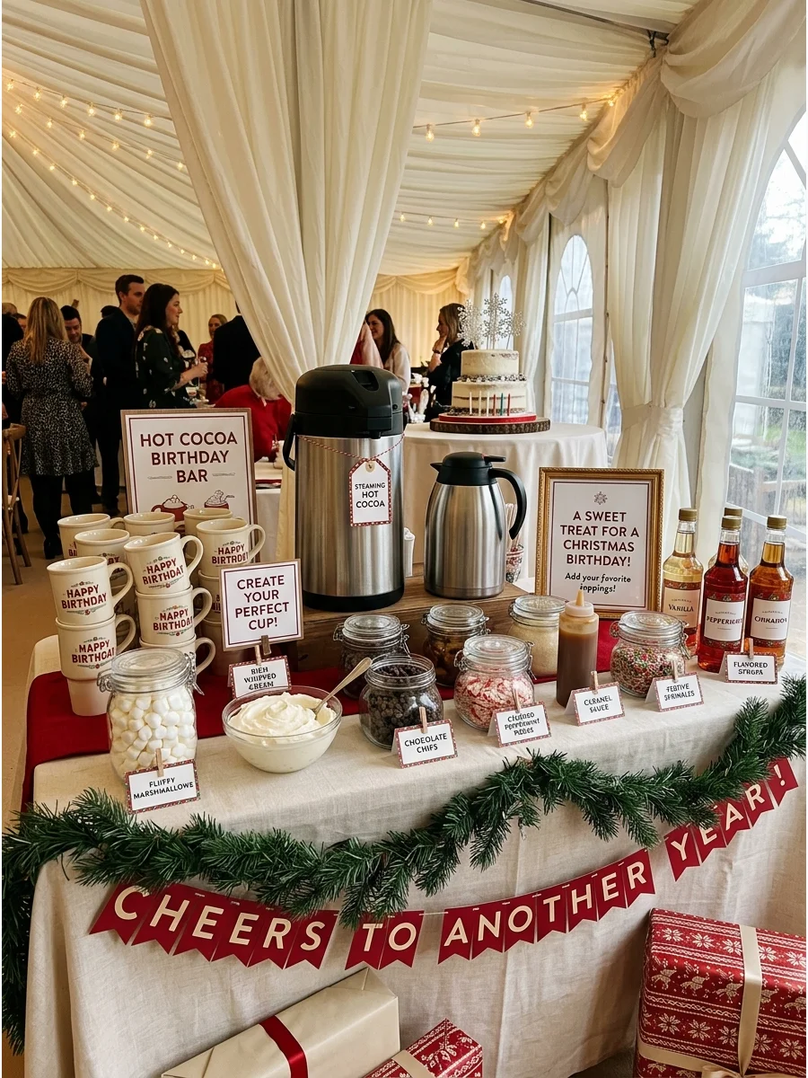 A hot cocoa bar with various toppings and festive holiday mugs.