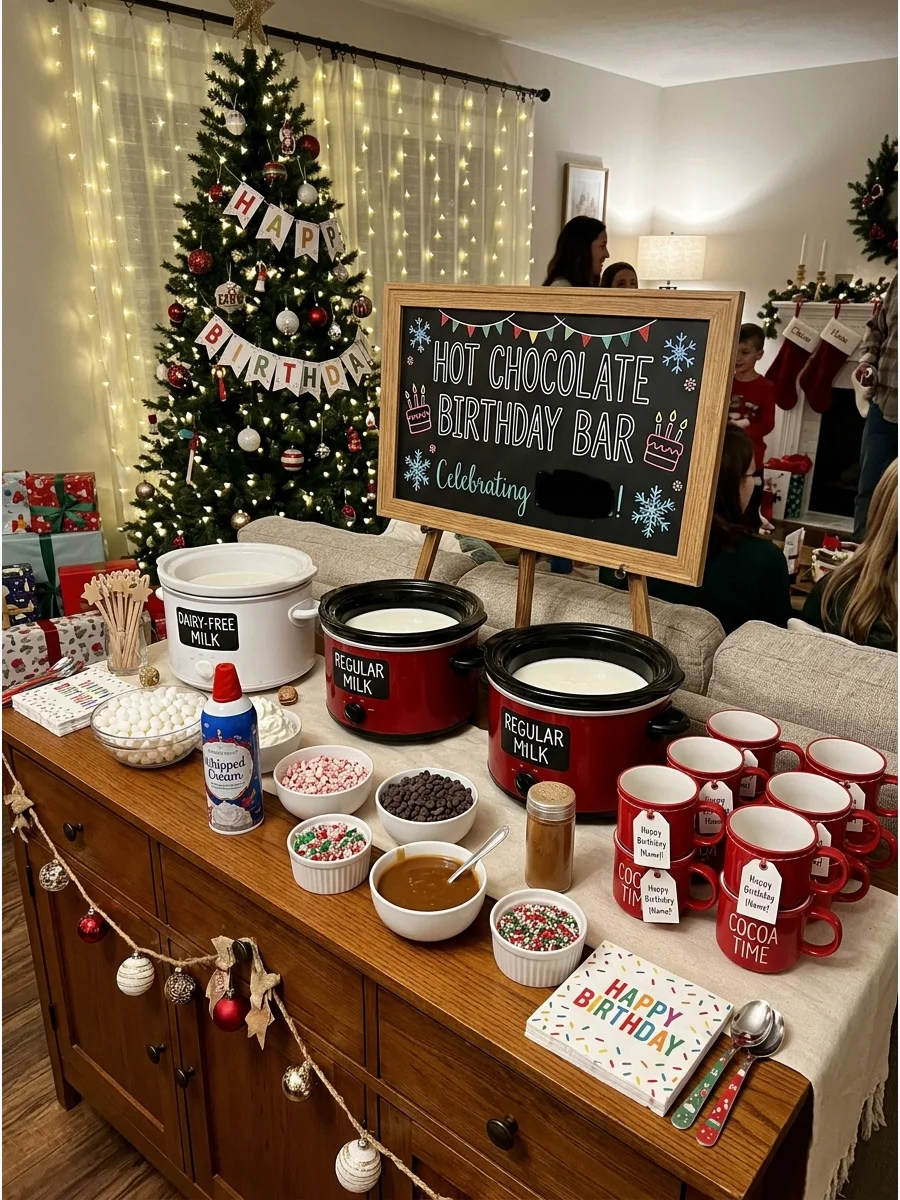 A hot chocolate bar with various toppings and personalized birthday sleeves.