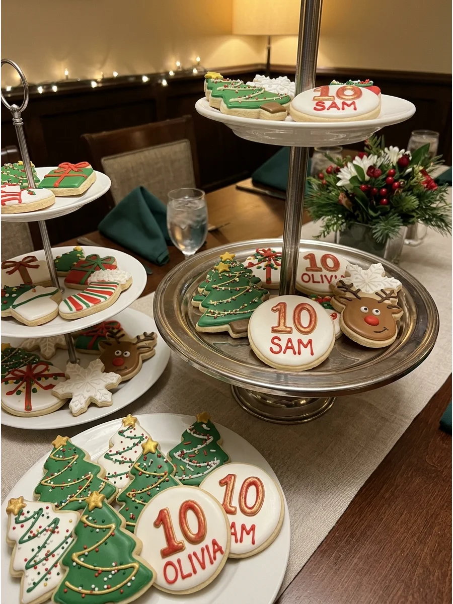 A variety of Christmas cookies and birthday themed sugar cookies on a tray.