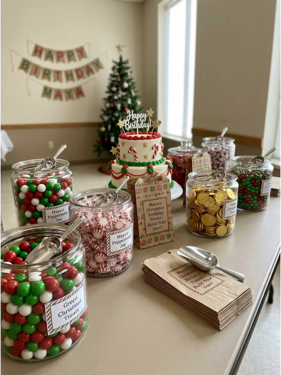 A candy buffet with red and green sweets and personalized favor bags.