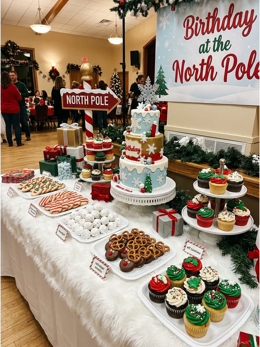 A winter themed dessert table with white fur decor and powdered donuts.