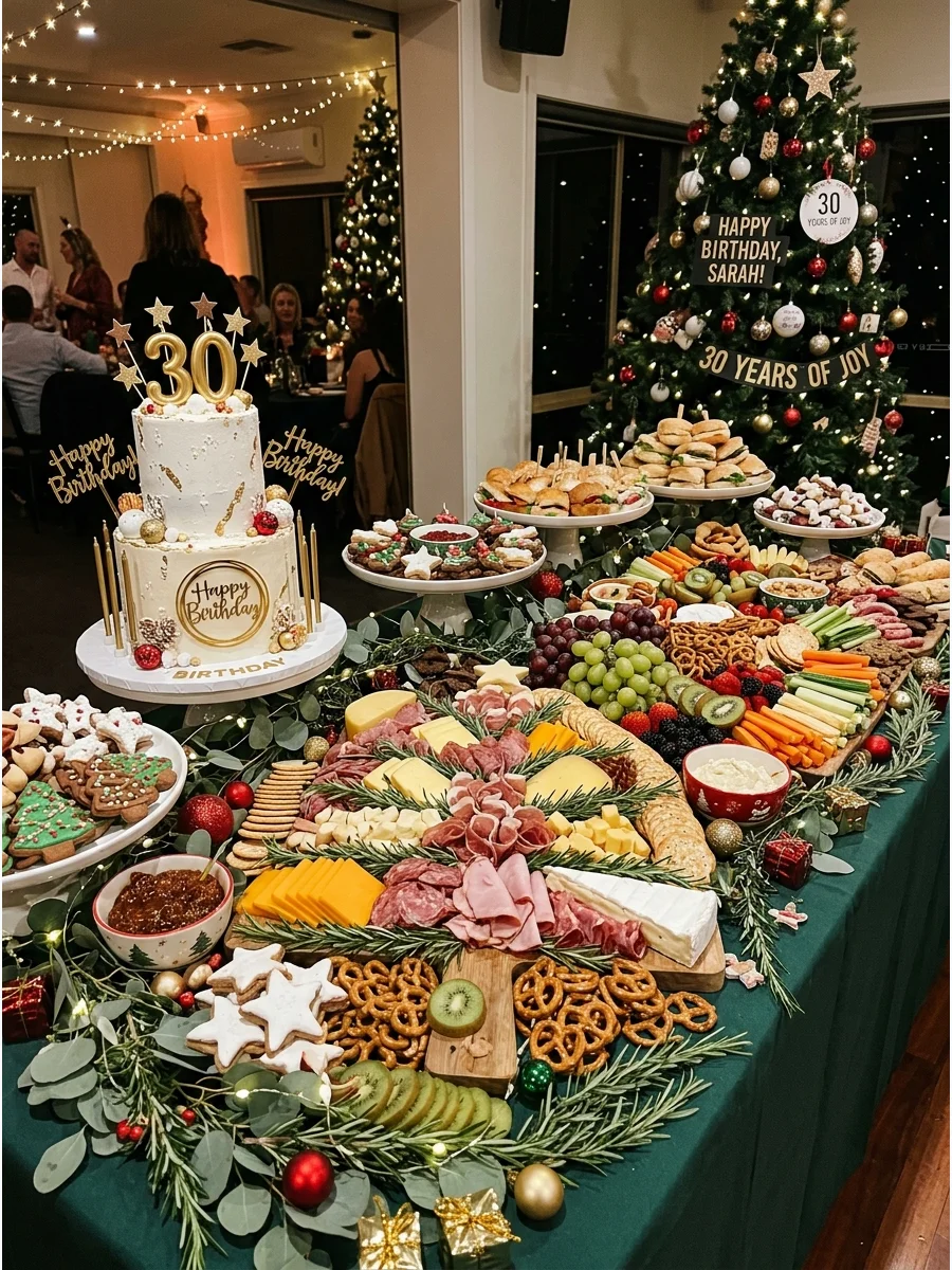 A large charcuterie board shaped like a Christmas tree on a banquet table.