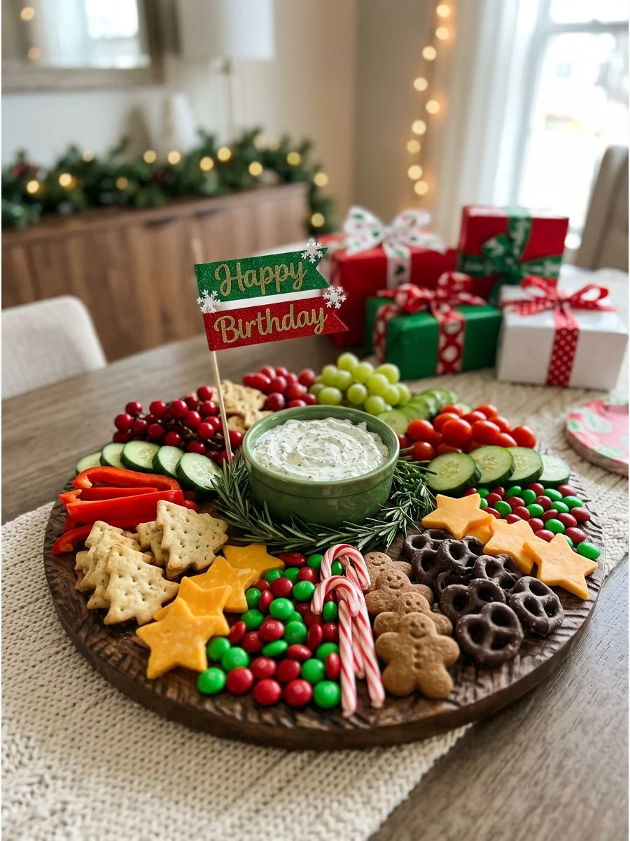 A holiday snack board with red and green fruits arranged in a wreath shape.