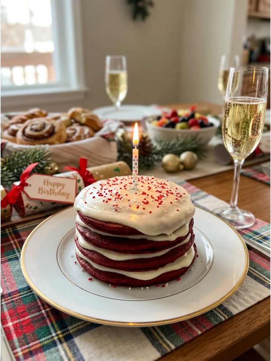 Red velvet pancakes with white glaze and a birthday candle on a festive table.