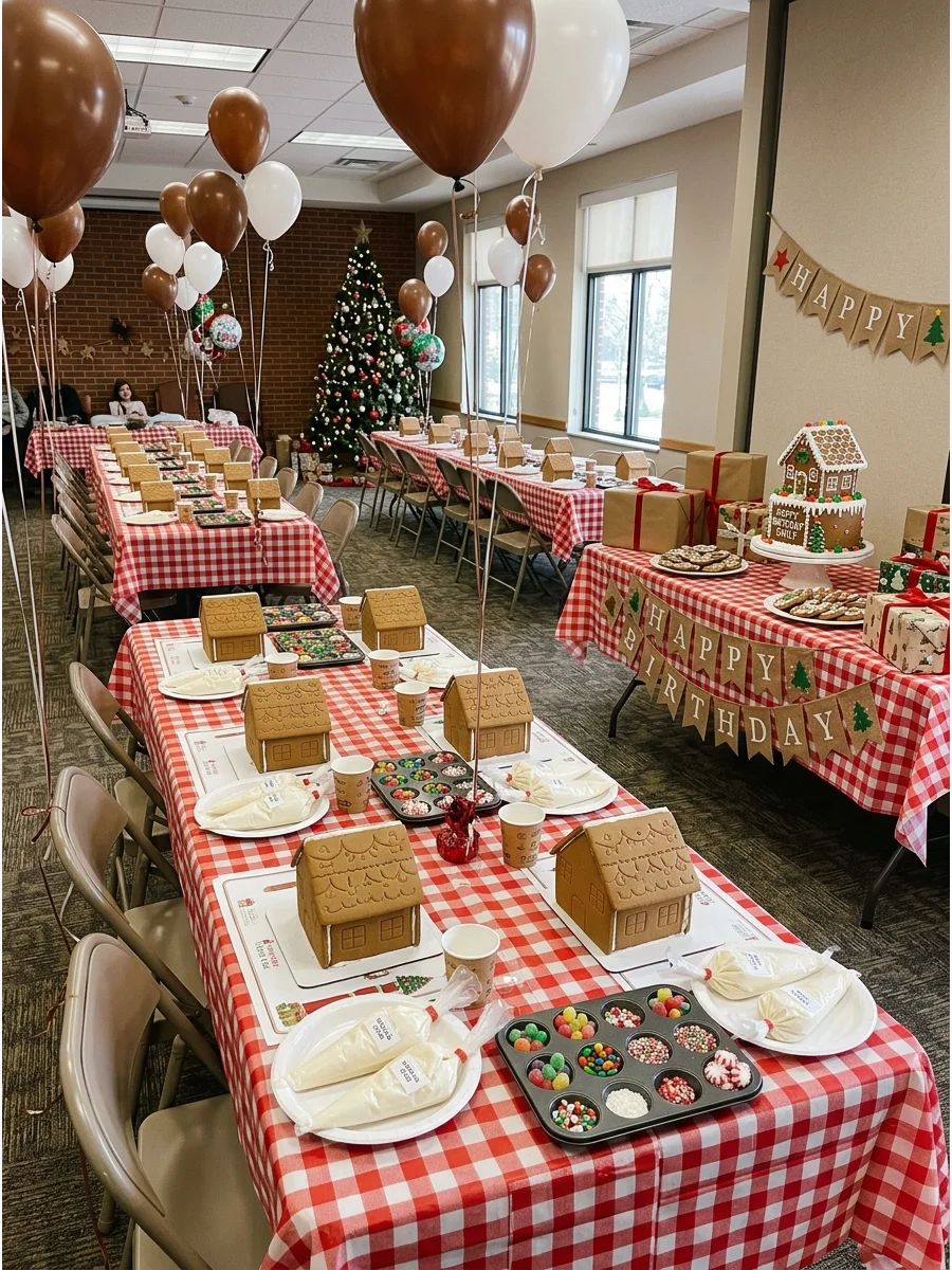 A gingerbread house decorating station at a birthday party.