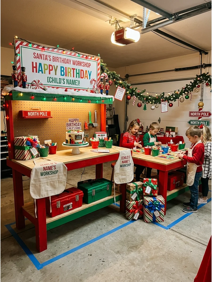 A garage workshop setup with wooden benches and holiday signs for a birthday party.
