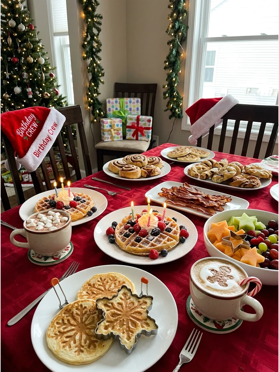 A festive birthday breakfast table with snowflake pancakes and holiday decor.