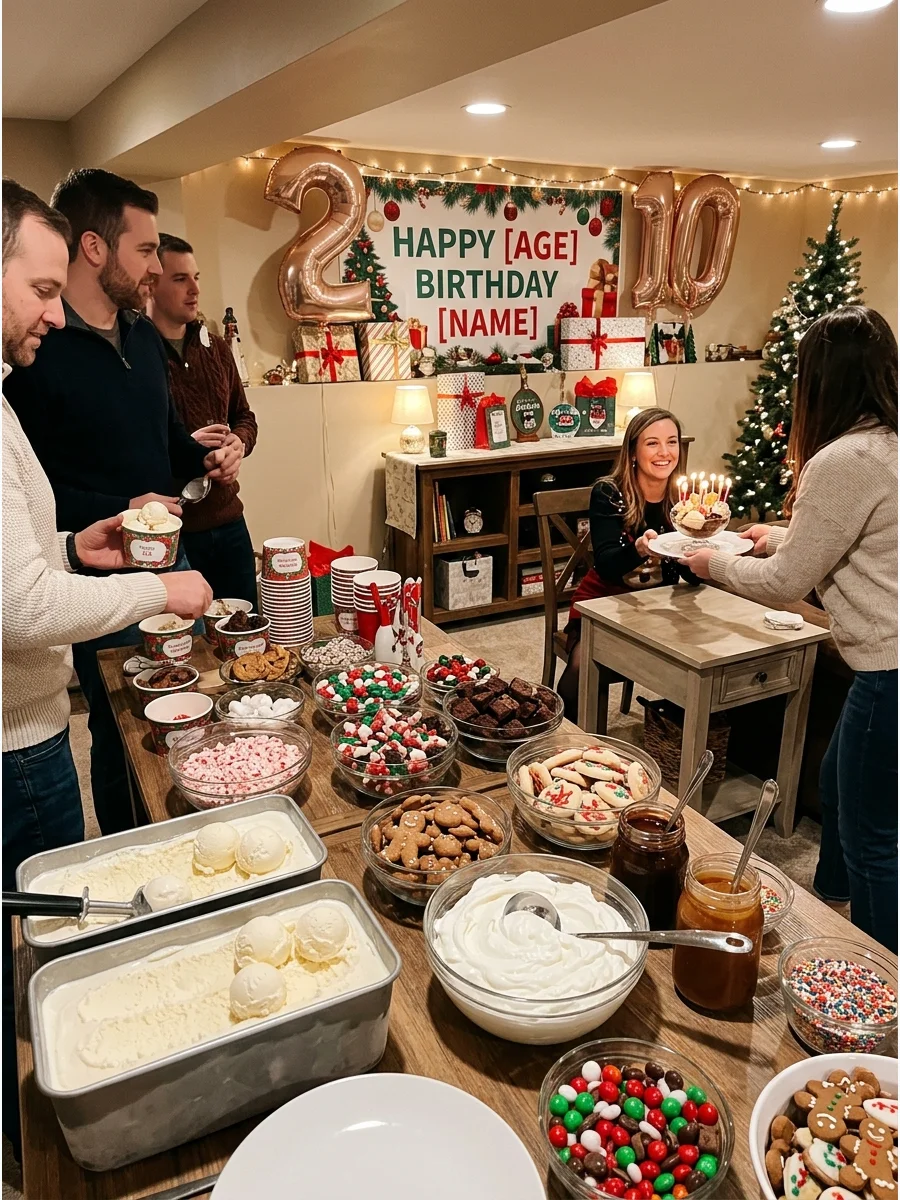 An ice cream sundae station with red and green toppings for a birthday party.