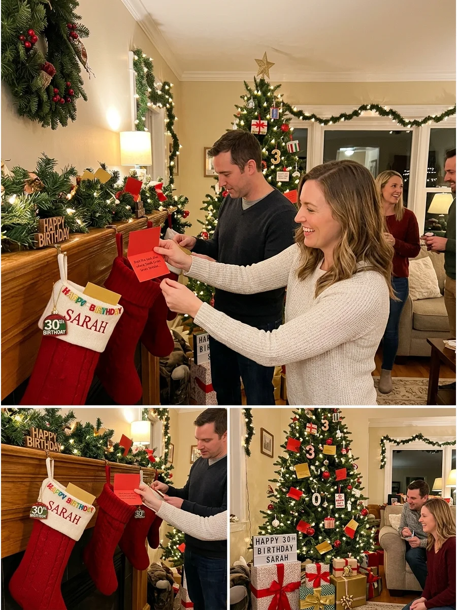 Guests searching for scavenger hunt clues in a decorated living room.