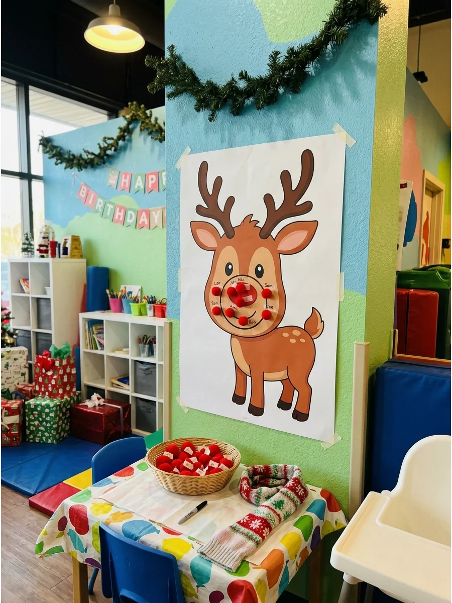 A Rudolph the Red-Nosed Reindeer poster game hanging on a wall.
