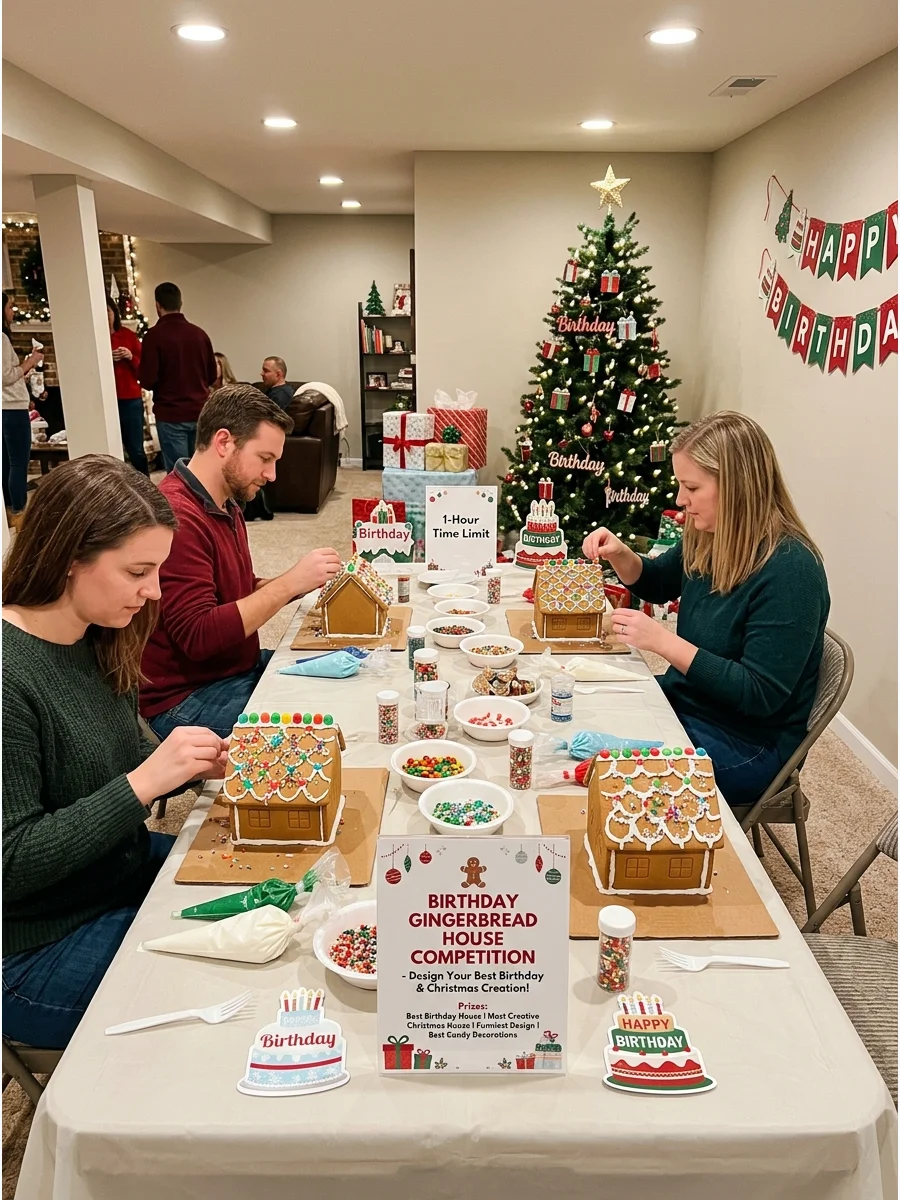 Gingerbread house decorating station with colorful candy and icing.
