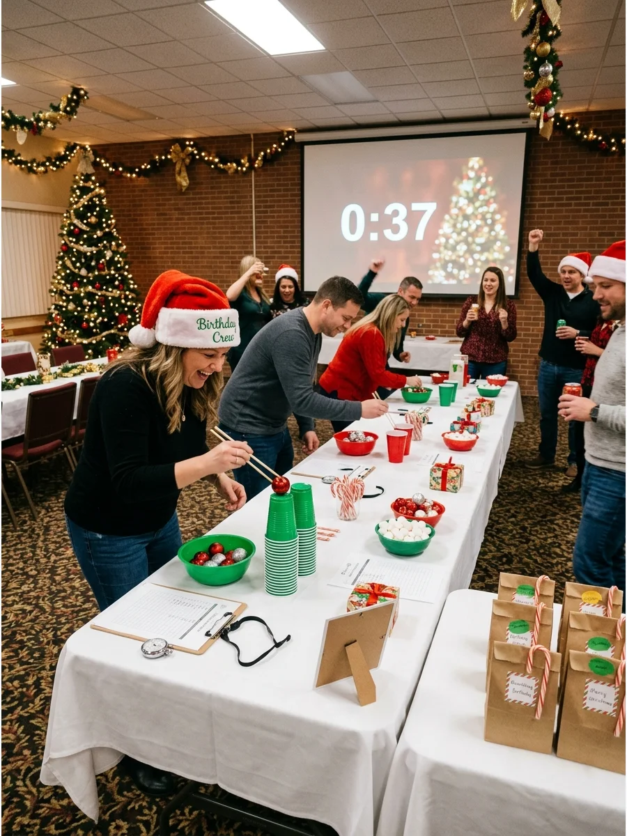 Game stations on a long table for Christmas themed minute-to-win-it challenges.