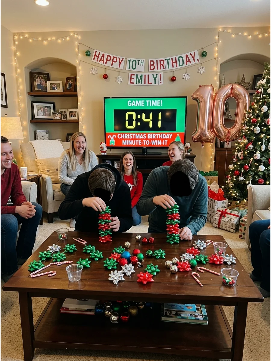 Party guests playing a fast-paced game with holiday gift bows.