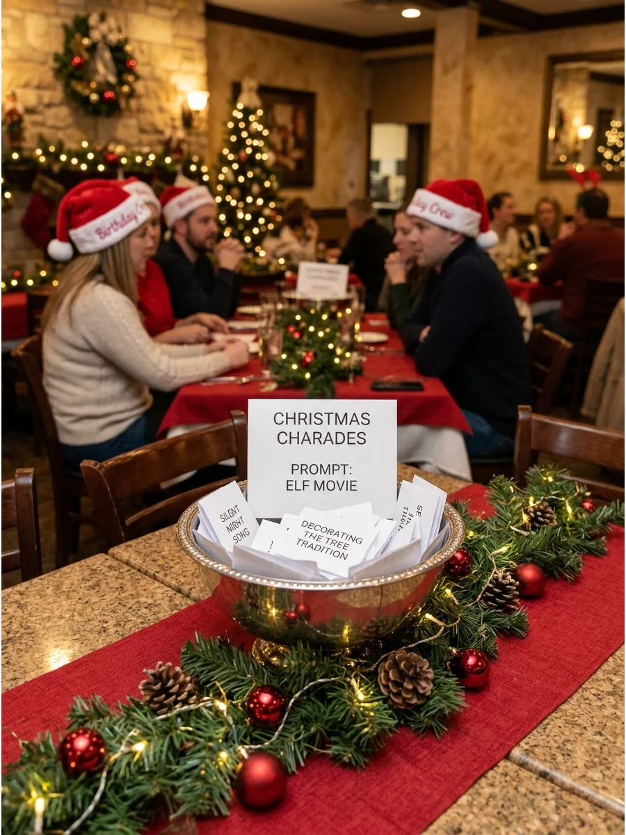 A silver bowl filled with charades prompts on a dining table.