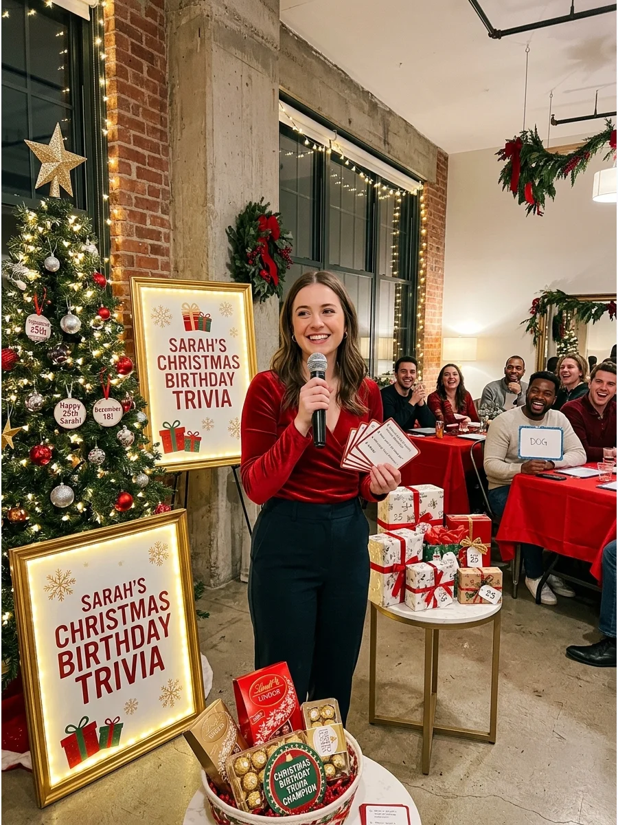 A host leading a trivia game for guests at a birthday party.