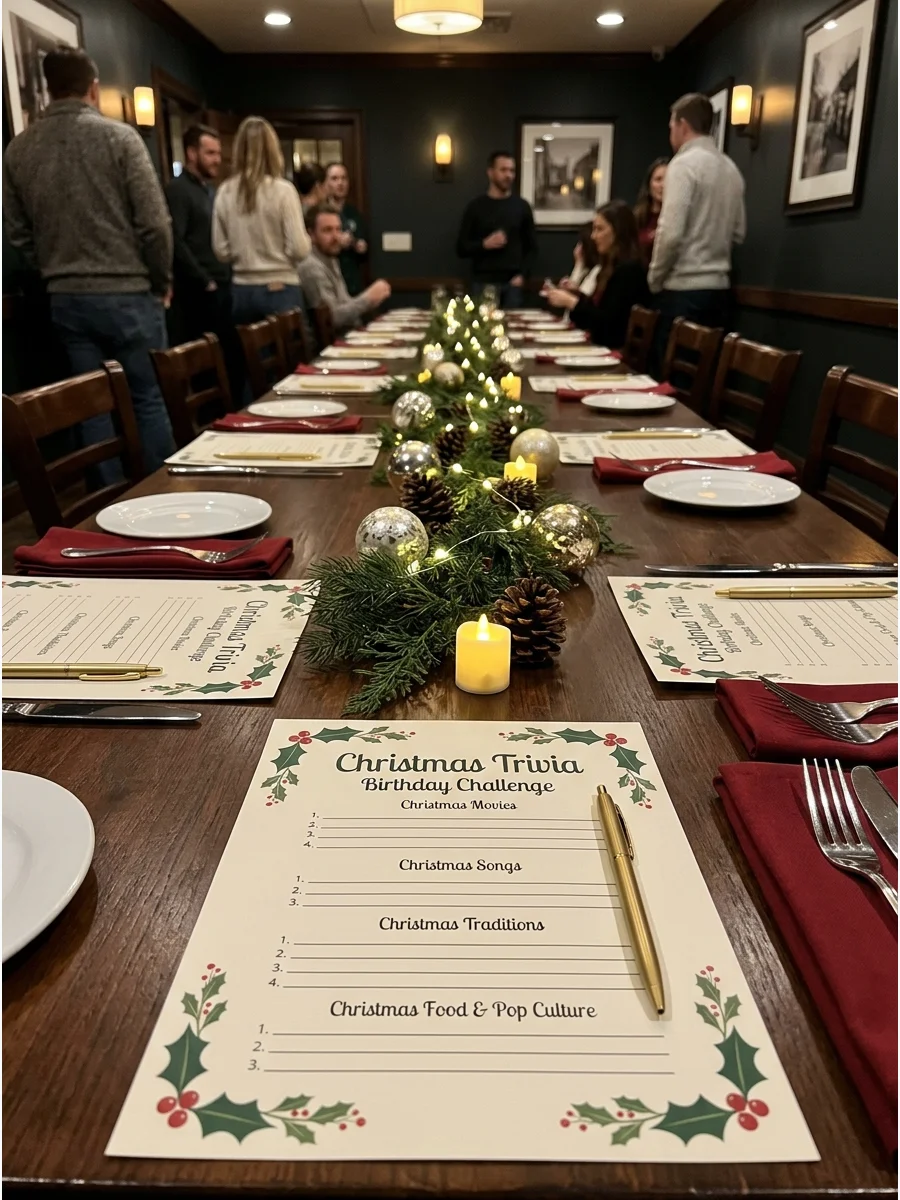 Festive trivia sheets and gold pens at a restaurant table setting.