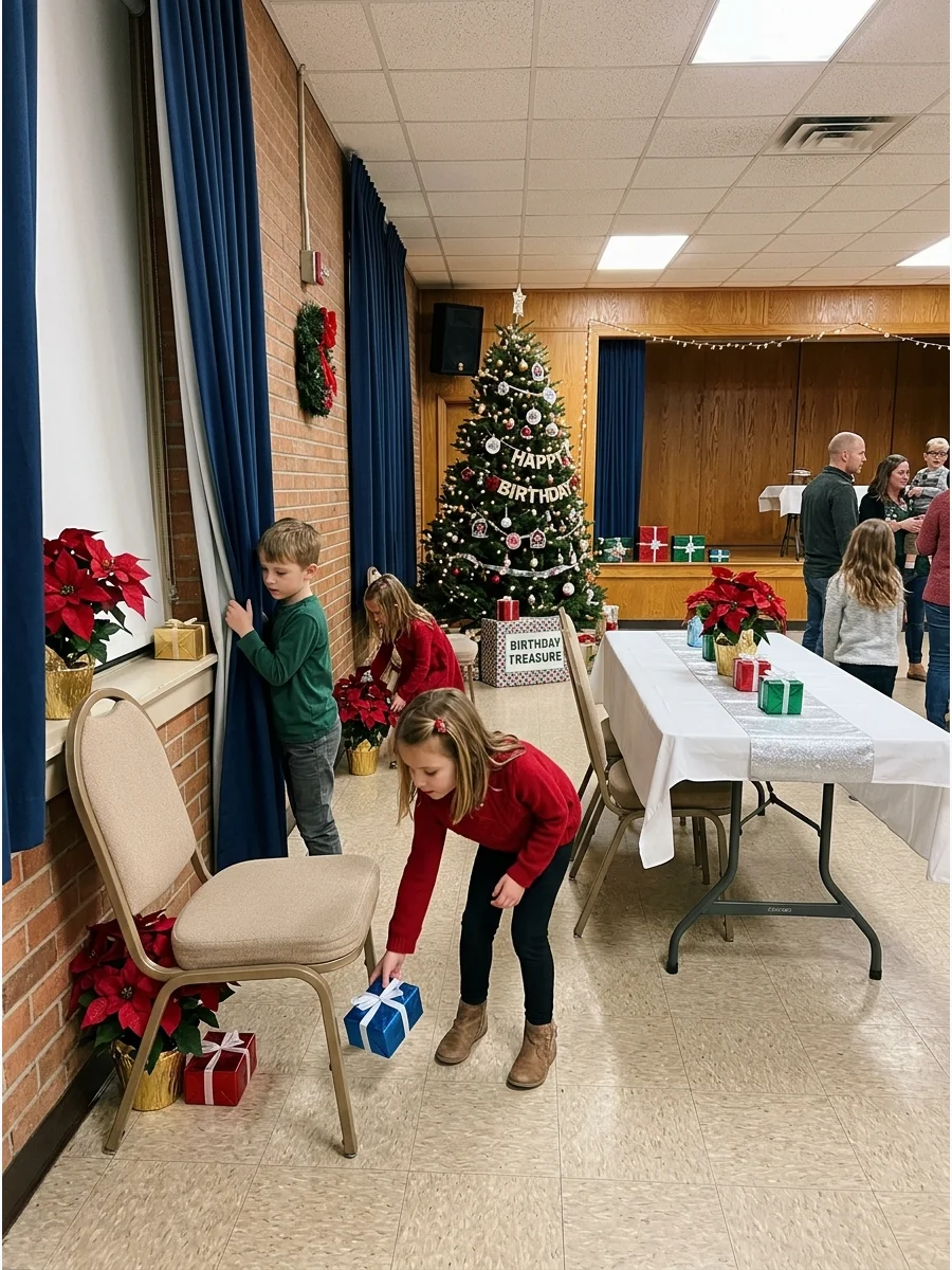 Kids searching for wrapped prizes during a treasure hunt.