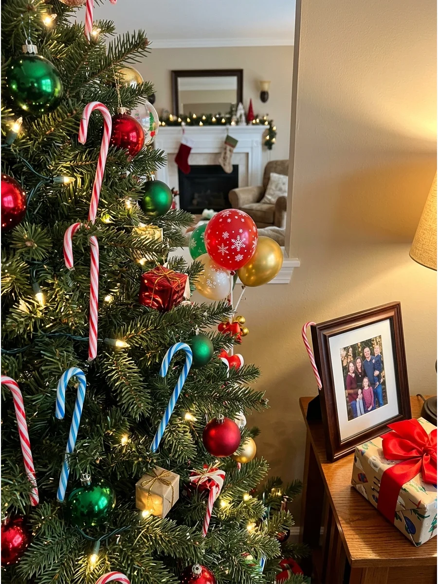 Candy canes hidden around a decorated living room for a hunt.