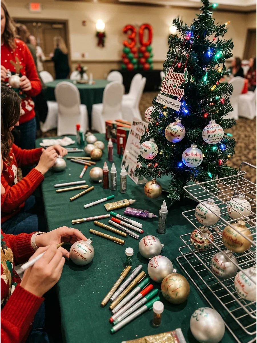 An ornament decorating station with art supplies and blank ornaments.