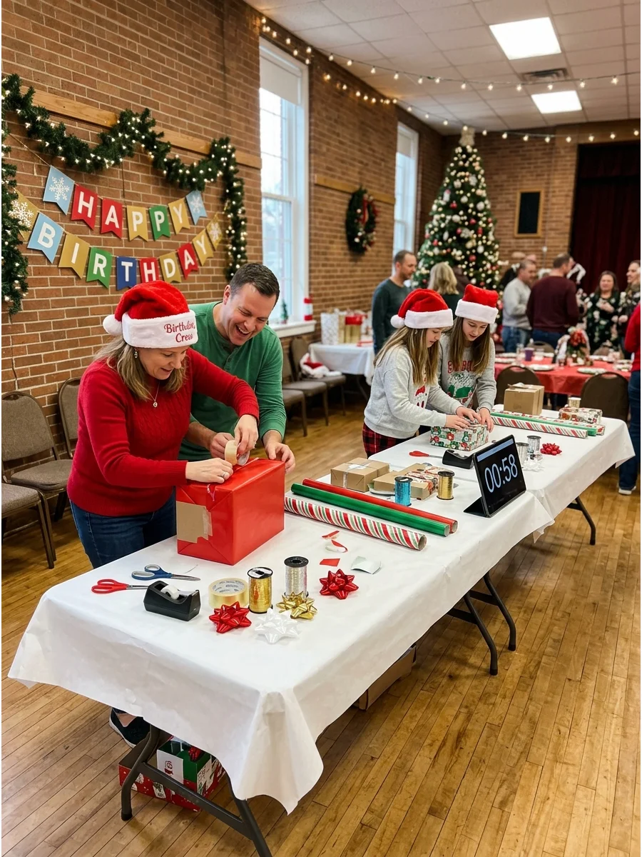 Groups of people competing in a gift wrapping race at a community center.