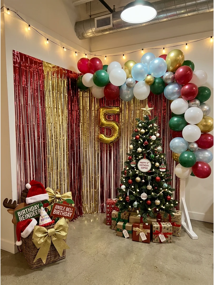 A festive photo booth setup with a tinsel backdrop and birthday props.