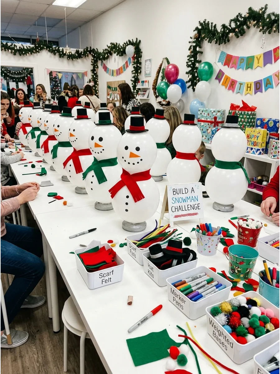 Balloon snowmen decorated with fabric and markers on a table.