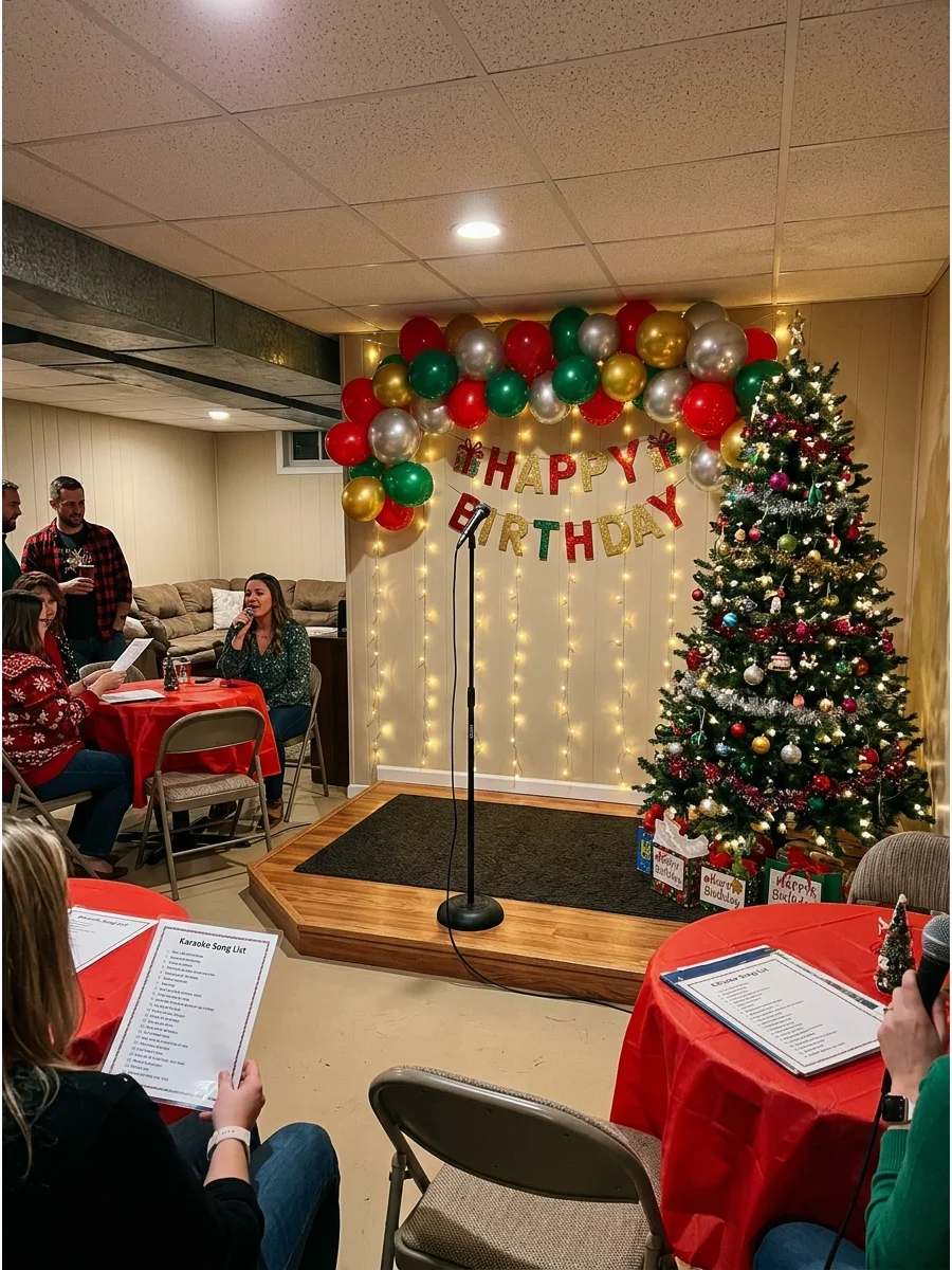 A karaoke stage setup with festive lights and a microphone.