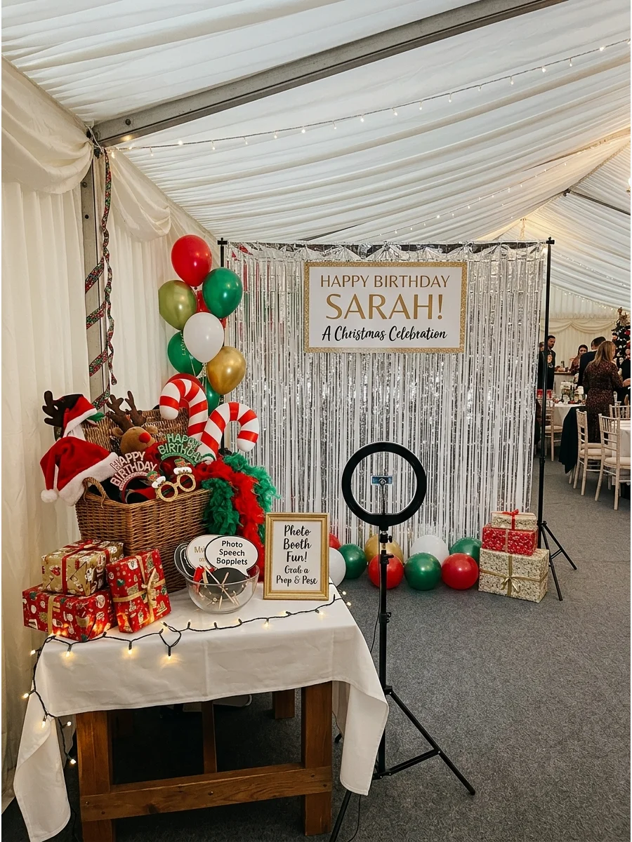 A silver tinsel photo booth backdrop with holiday and birthday props.
