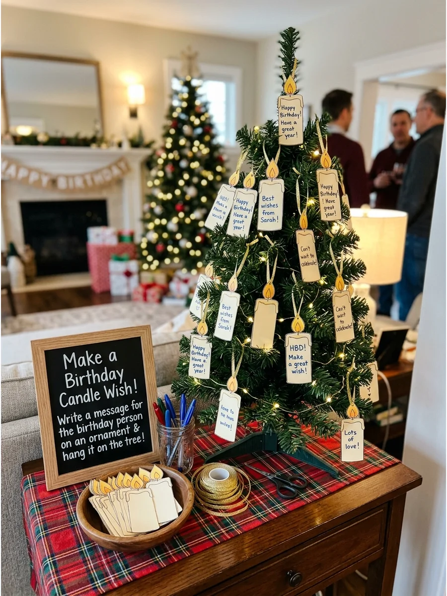 A small tree decorated with paper ornaments containing guest messages.