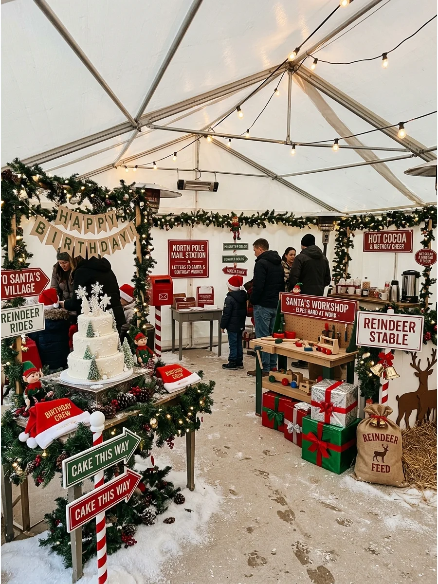 An indoor heated tent decorated like the North Pole for a birthday.